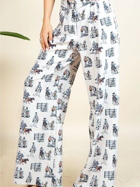 Women's Wide-Leg Print Pants - White with Navy & Tan Motif